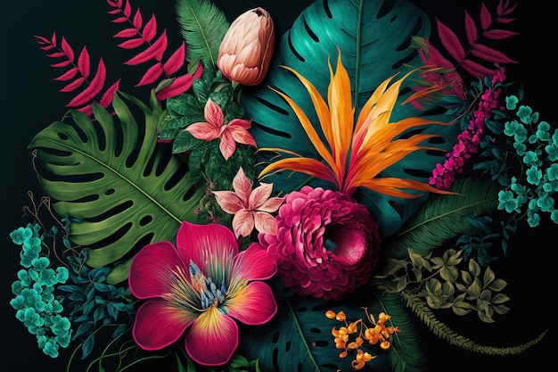 Tropical flowers and leaves dark background