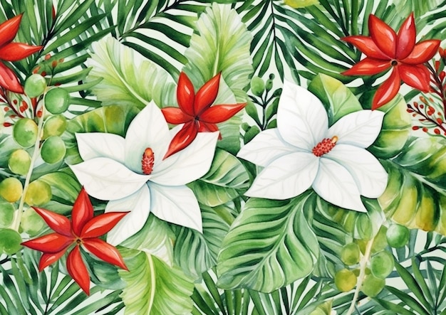 tropical flowers and leaves painted in watercolor on a white background generative ai