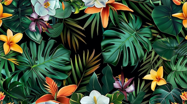 Tropical Flowers and Leaves Pattern Lush Jungle Design