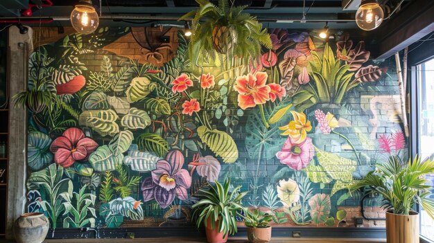 Photo tropical flowers mural on brick wall