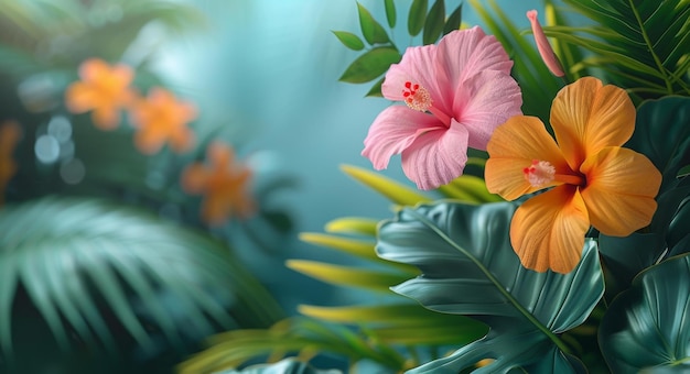 Tropical Flowers and Palm Leaves Vibrant Colors