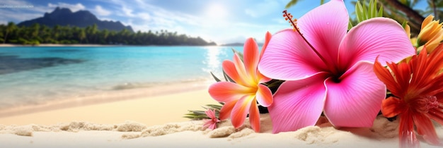 Tropical flowers with sea view summer holiday banner with space for text Ai generative