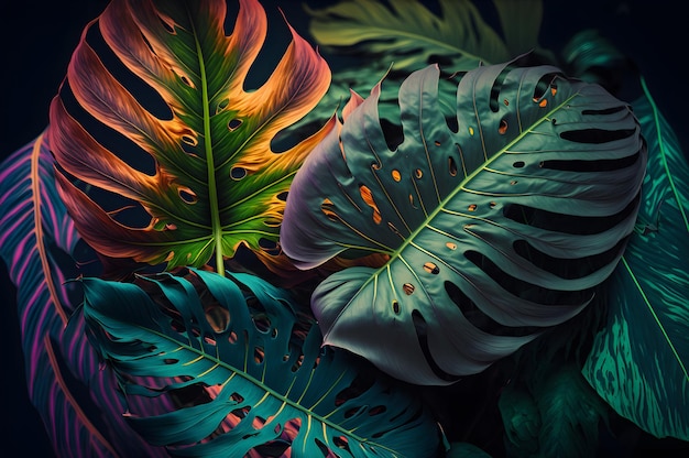 Tropical foliage jungle Monstera leaves closeup Palm tree branch on a dark background