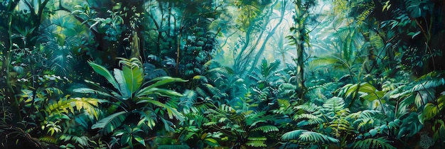 Tropical forest background green leaves fern jungle