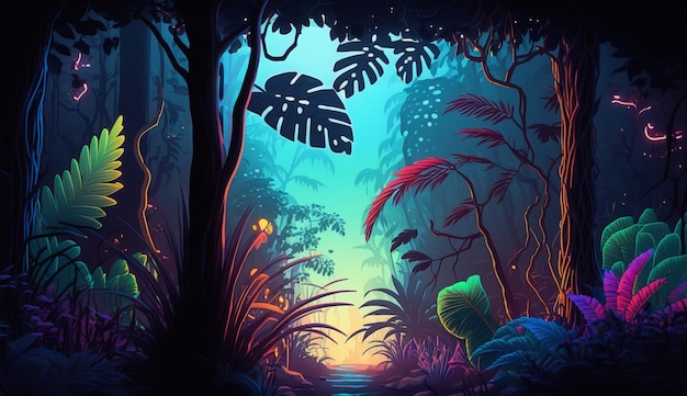 Tropical forest illustration with neon glow and vivid