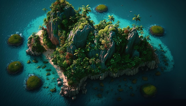 Tropical forest island meddle ocean image Ai generated art