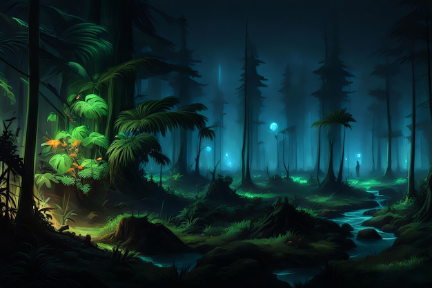 A tropical forest at night with glowing neon plants and trees