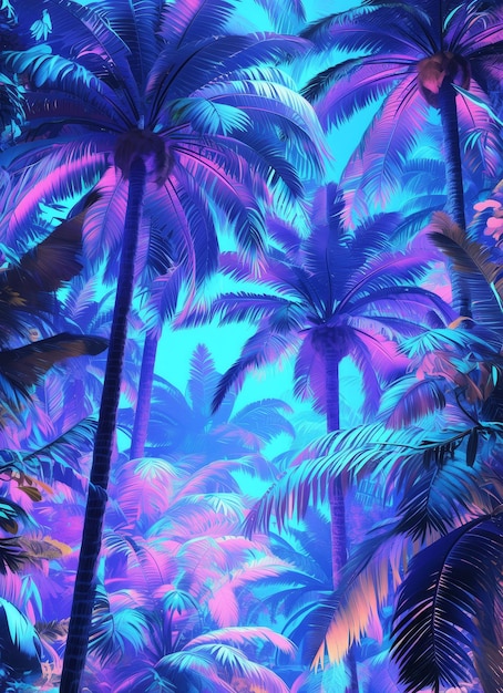 A tropical forest with palm trees in a blue and purple color scheme