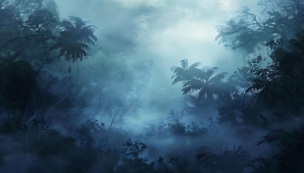 a tropical forest with palm trees and the sun shining through the clouds