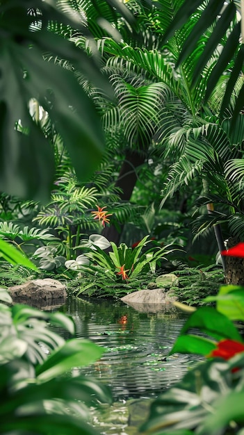 a tropical forest with a pond and some plants and a red flower in the foreground