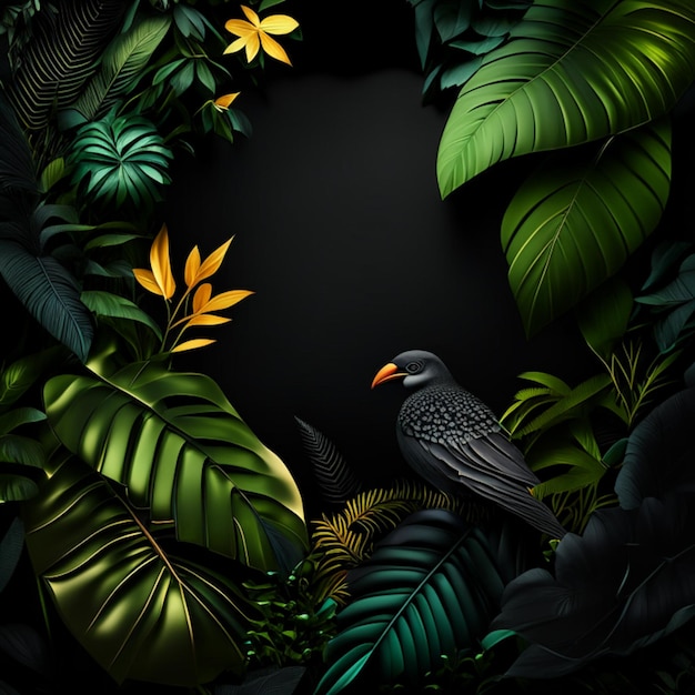 Tropical forest with a square frame on black background