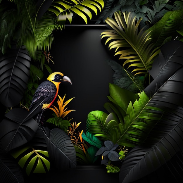 Tropical forest with a square frame on black background