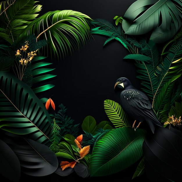 Tropical forest with a square frame on black background