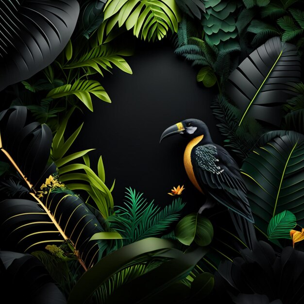 Tropical forest with a square frame on black background