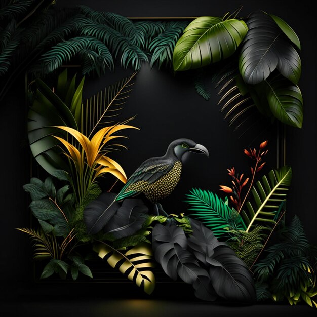 Tropical forest with a square frame on black background