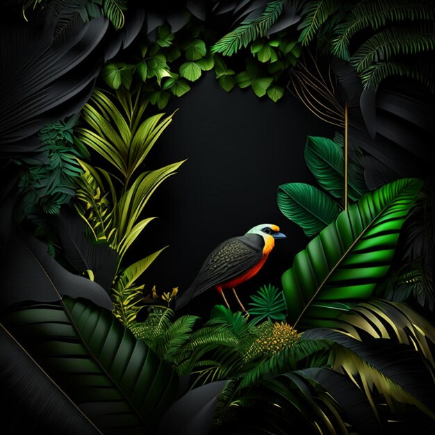 Tropical forest with a square frame on black background