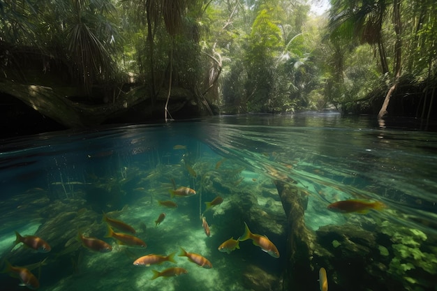 Tropical freshwater ecosystem with lush vegetation and schools of fish created with generative ai