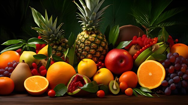 Tropical fruit background with various fruits such as pineapple peach and banana arrange