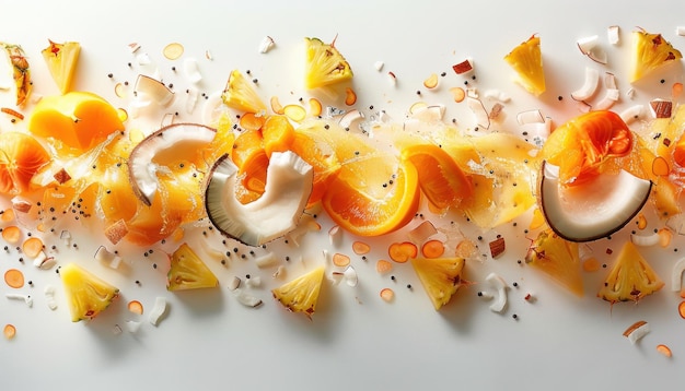 Photo tropical fruit and coconut in an energetic food explosion