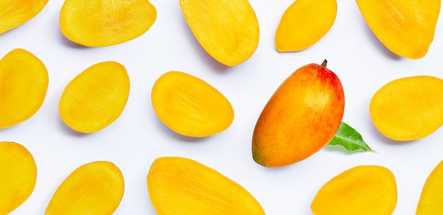 Tropical fruit, Mango slices on white background.