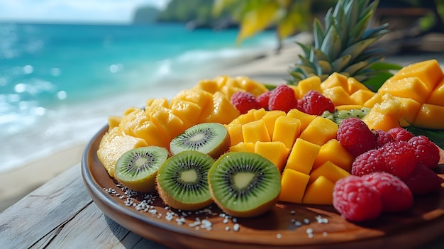 Tropical Fruit Platter with Mango Kiwi and Raspberries on Wooden Table Realistic Image