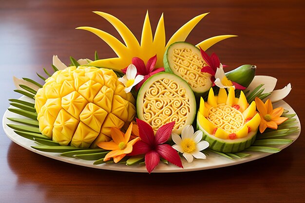 Photo a tropical fruit platter with mango slices arranged to form a tropical fish