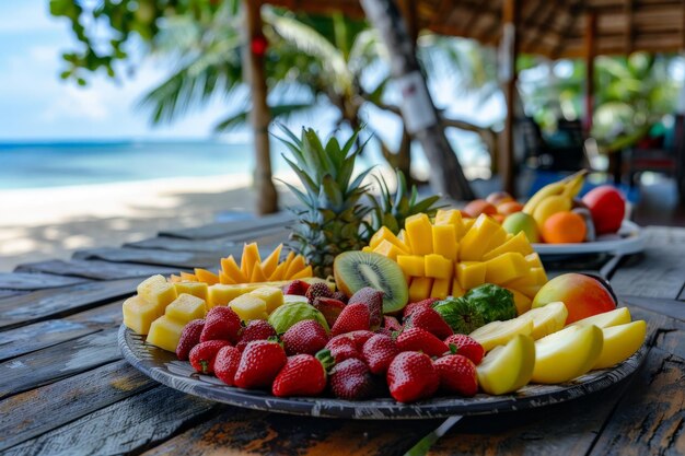 Photo tropical fruit platter on wooden table