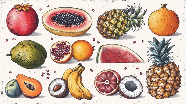 Tropical fruit set with whole and sliced pineapples pomegranates watermelons bananas apricots oranges coconuts pears and peaches It is illustrated in a doodle style