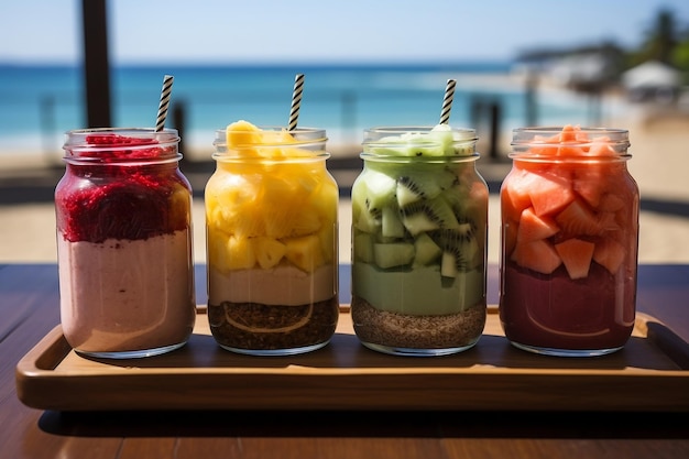 Tropical Fruit Smoothies by the Seaside Generative AI