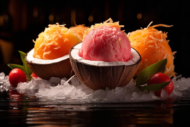 Tropical Fruit Sorbet in a Coconut Shell