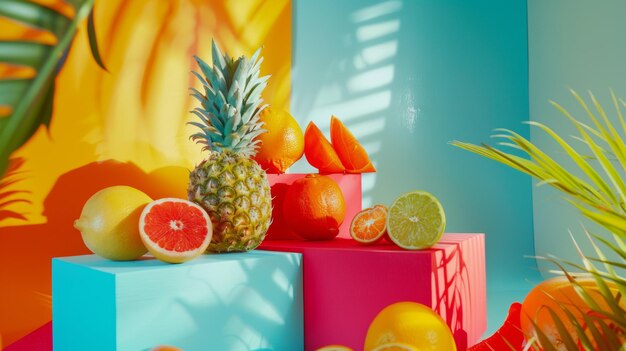 Photo tropical fruits arranged on colorful blocks