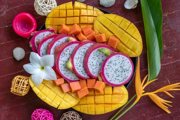 Tropical fruits assortment on a plate close up