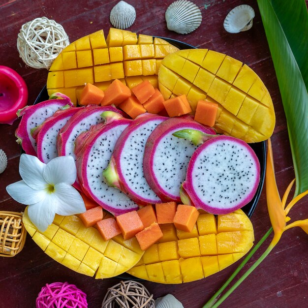 Tropical fruits assortment on a plate