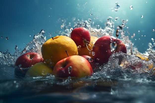 Tropical fruits fall deeply under water with a big splash Neural network AI generated