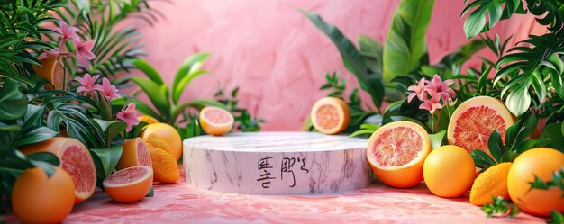 Tropical fruits and greenery with marble pedestal on pink background