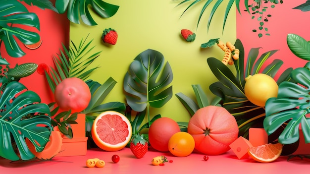 Tropical Fruits and Leaves in Vibrant Arrangement