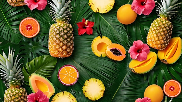 tropical fruits like pineapple mango and papaya arranged against a backdrop of palm leaves