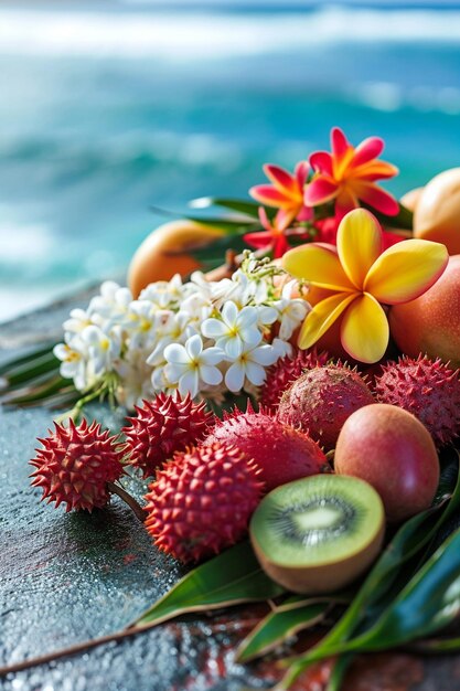 tropical fruits on mango kiwi papaya ocean background