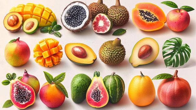 Tropical fruits modern illustration with mango banana pitaya avocado fig tamarillo coconut durian caramba guava kiwano mentega papaya and more