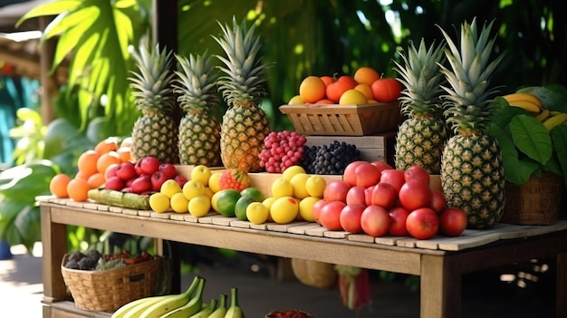 Tropical fruits on outdoor stand AI Generated