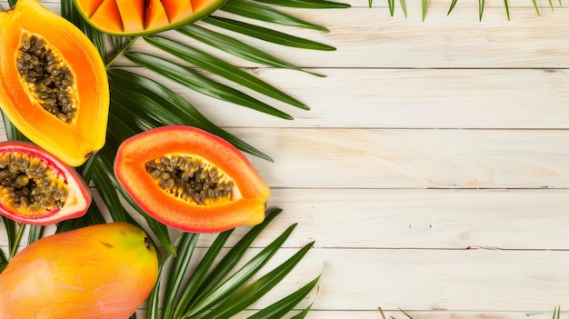 Photo tropical fruits and palm leaves on a wooden background