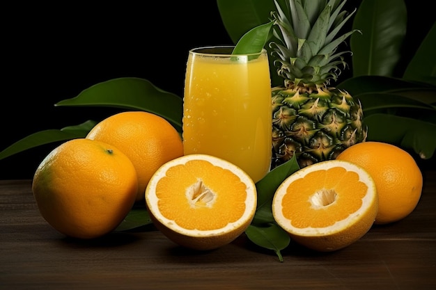 Tropical fruits with a glass of orange juice