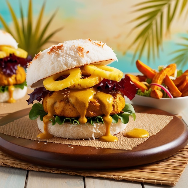 Photo a tropical fusion burger with a coconut bun curry