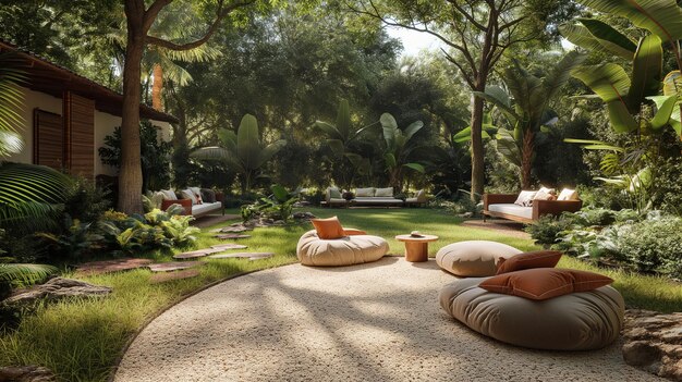 Tropical Garden Lounge with Comfortable Bean Bags Generative Ai