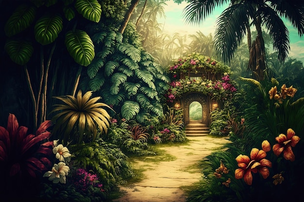 Tropical garden with flowers and secret path Generative AI