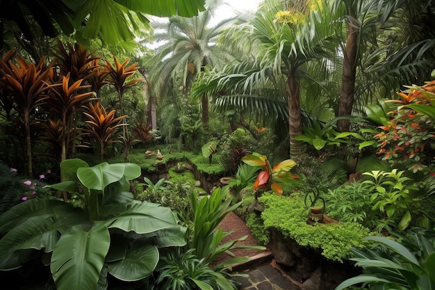 A tropical garden with a lot of plants and trees