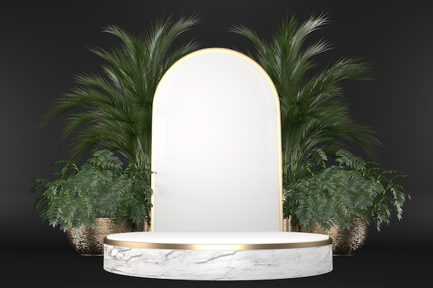 The Tropical granite Podium geometric and plants decoration on black background .3D rendering