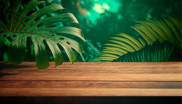 Tropical green floral background for product display and presentation Wooden table