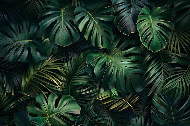 Tropical green leaves background Flat lay top view