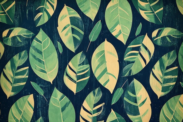 Tropical green leaves on grunge textured background vintage tone